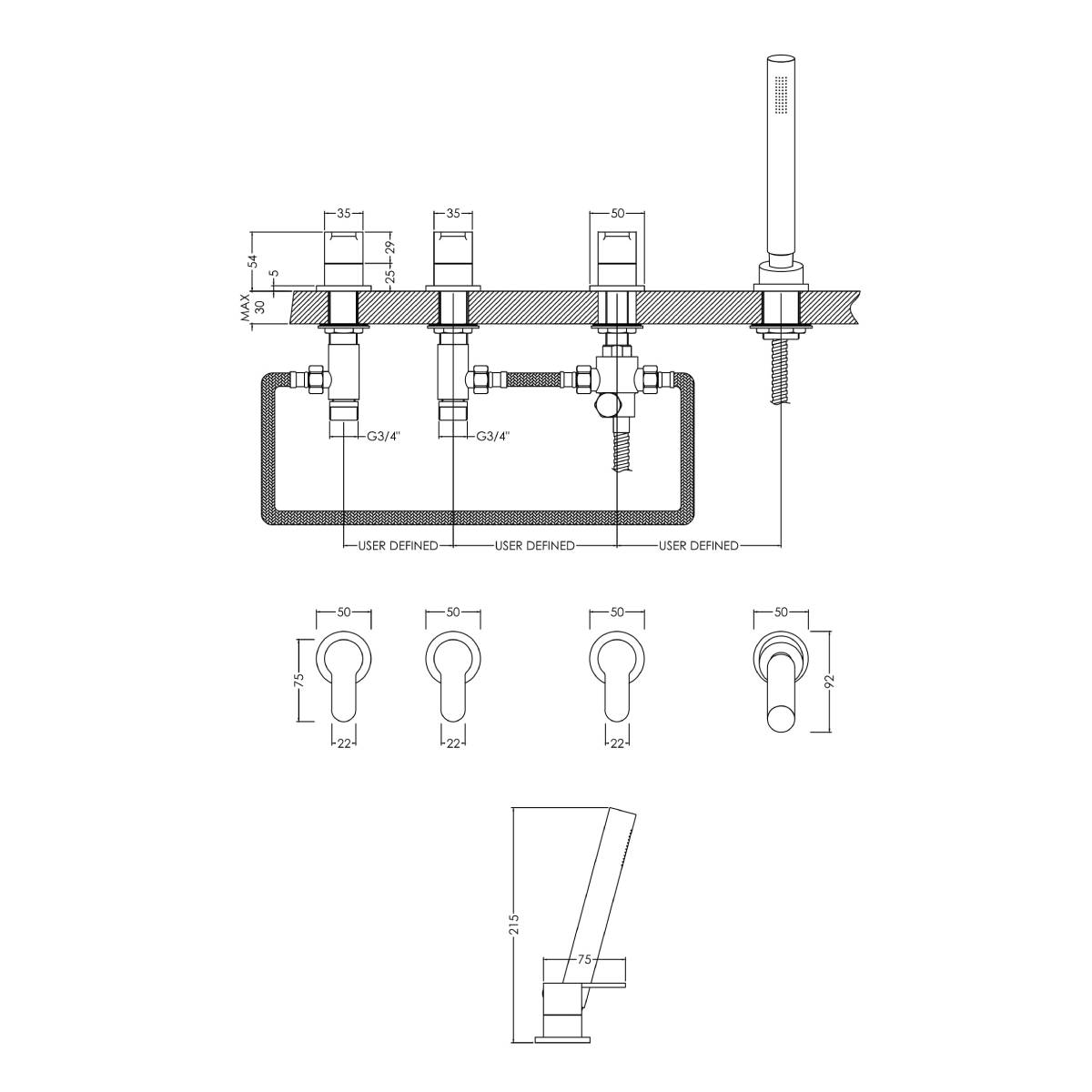 Nuie Arvan 4 Hole Bath Shower Mixer ARV334 13535