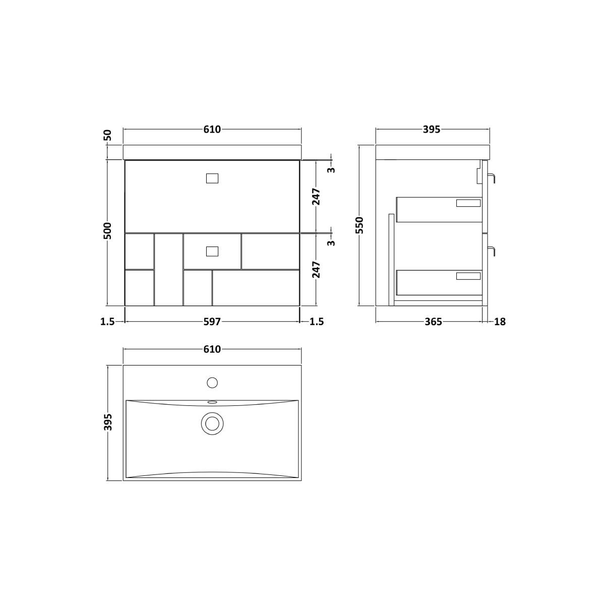 Nuie Blocks 600mm Wall Mounted Vanity Unit & Thin-Edged Basin - Satin ...