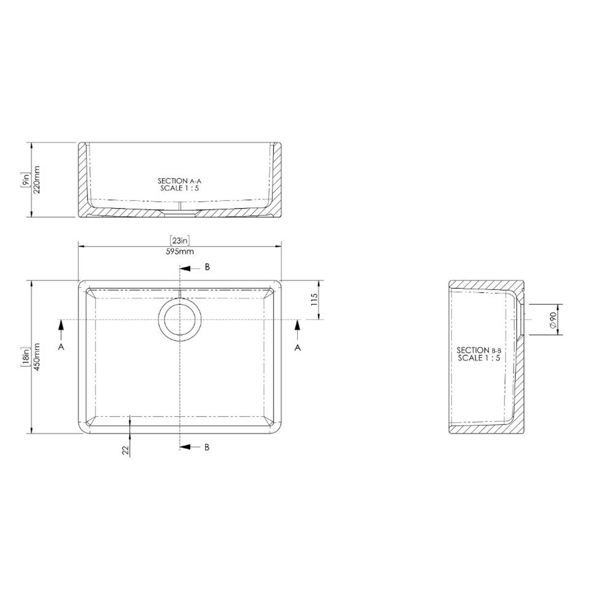 Nuie Butler 595x450x220mm Fireclay Sink with Central Waste - White (20282)