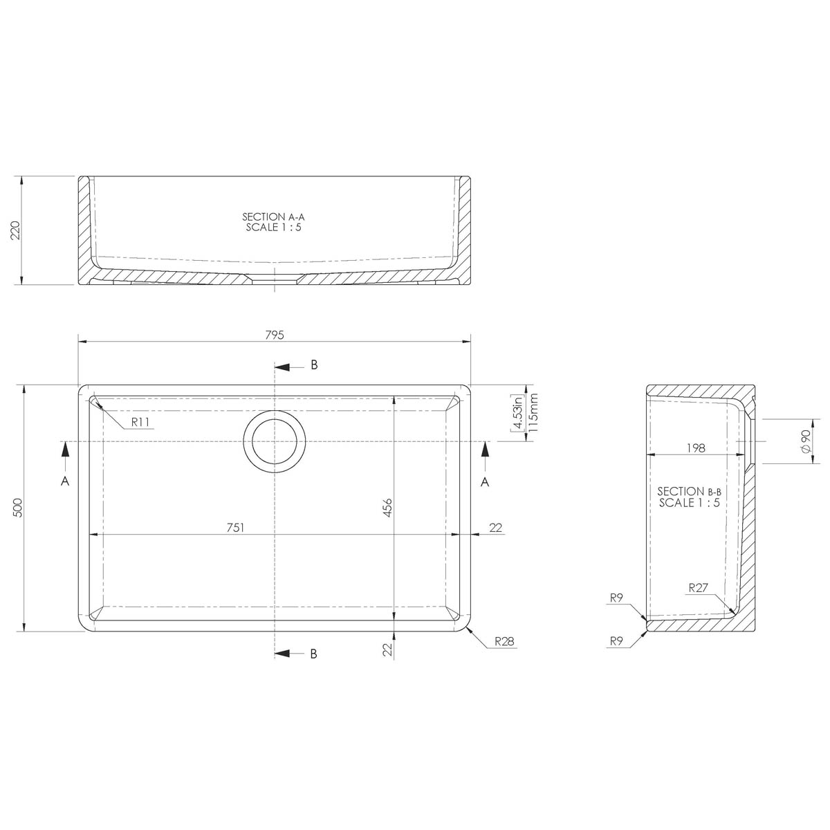 Nuie Butler 795x500x220mm Fireclay Sink with Central Waste - White (20288)