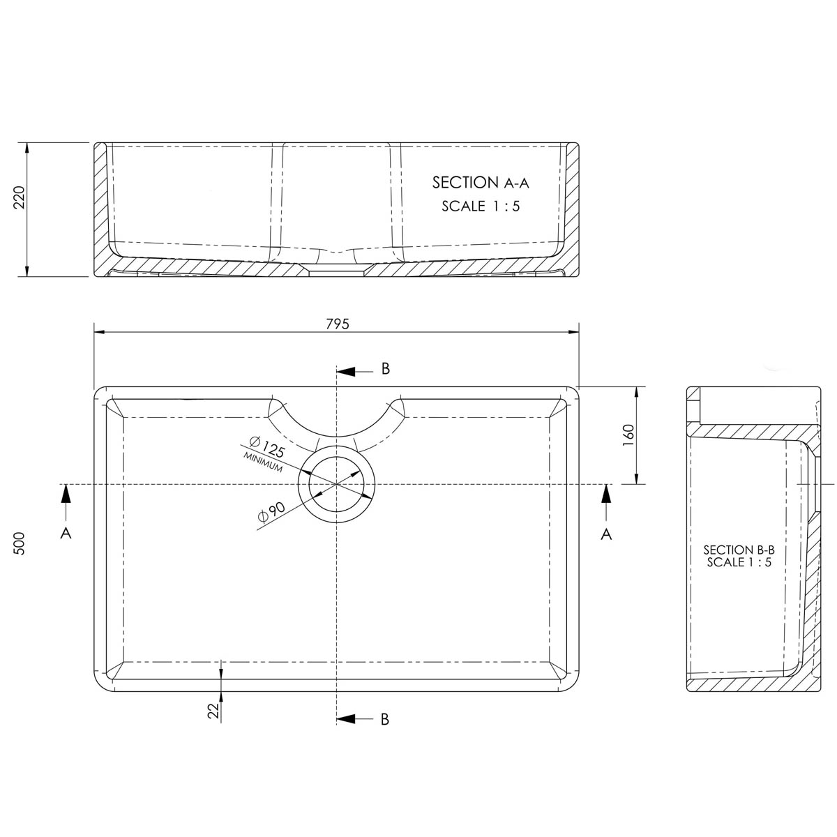 Nuie Butler 795x500x220mm Fireclay Sink with Central Waste & Tap Ledge ...