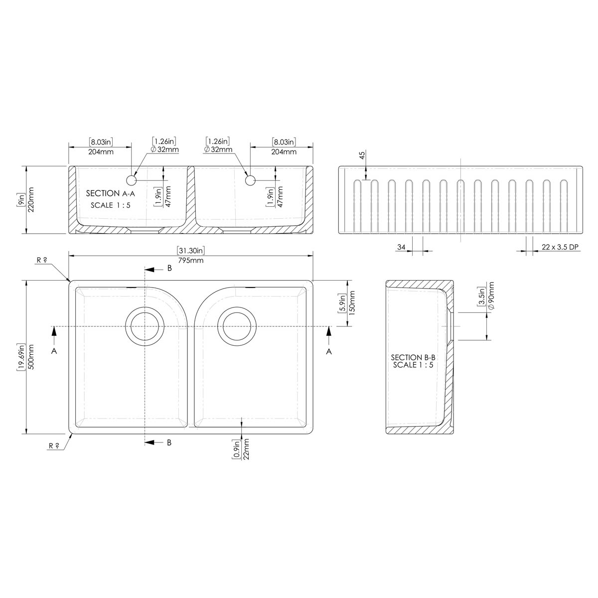 Nuie Fluted Butler Double Bowl 795x500x220mm Fireclay Sink with Full ...