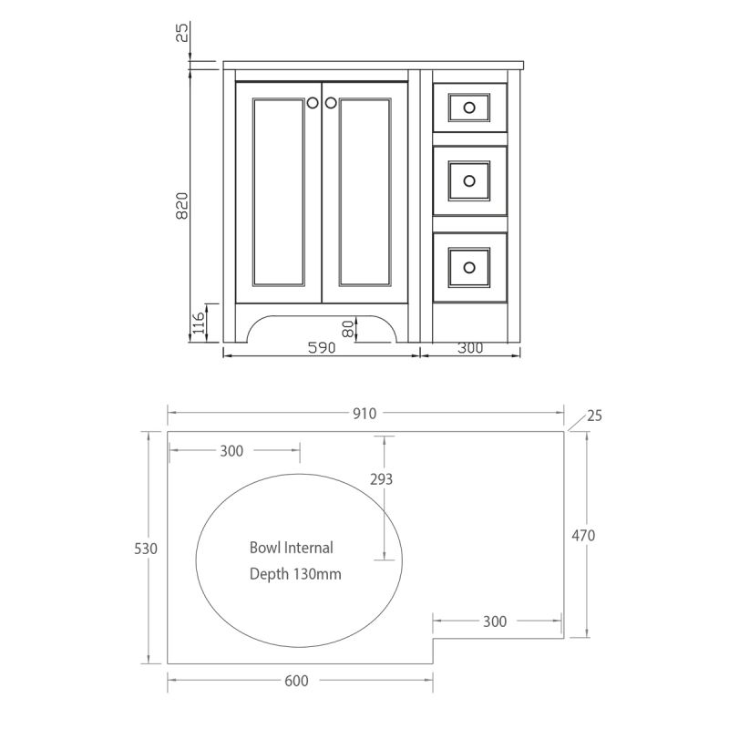 Harrogate Brunswick 900mm Left Hand Return Vanity Unit And White Solid Surface Basin Spa Grey 