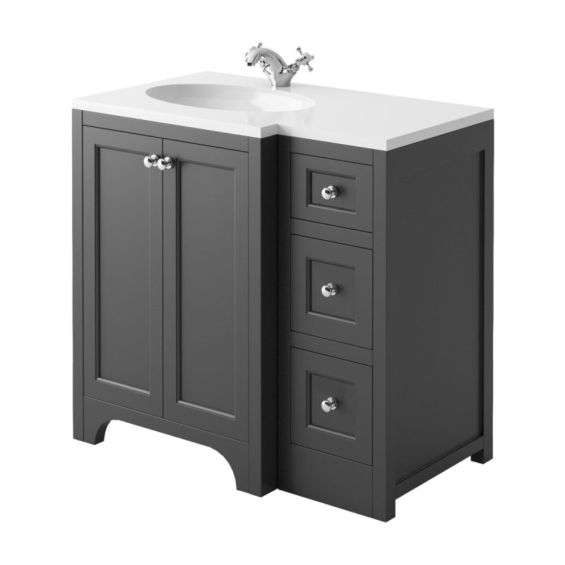 Harrogate Brunswick 900mm Left Hand Return Vanity Unit And White Solid Surface Basin Spa Grey 