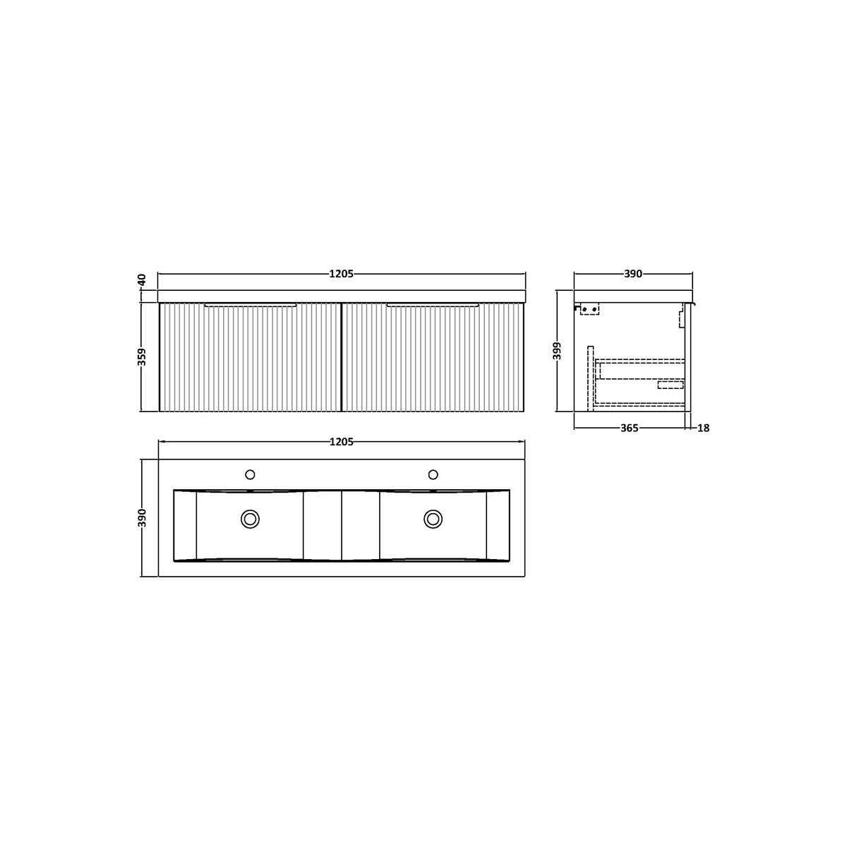 Hudson Reed Fluted 1200mm Wall Mounted 2 Drawer Vanity Unit & Double ...